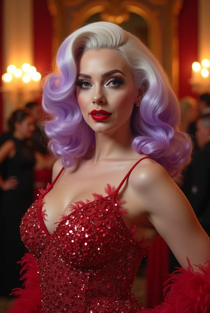 a beautiful character , drag Queen , magra rosto lindo appealing maquiagem linda estilo Marilyn Monroe , pin up hair , classic red crystal dress, with white goose feathers , lilac hair, with layers, drag who , appealing, luxury makeup , It's stunning, at a party at the mansion