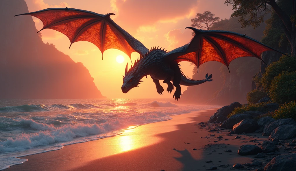 A hyper-realistic, cinematic scene of a majestic black medieval dragon with medieval armor, flying with powerful wing strokes over a mystical forest. Its gleaming, intricately detailed scales reflect the deep orange and pink hues of the sunset. Surrounded by a dense, lush exotic forest with subtle bioluminescent plants softly glowing. The sunset casts a warm, diffused golden light over the landscape, contrasting with the cool tones of the forest. Captured with a Nikon D850 in a wide-angle shot, using a Nikon AF-S NIKKOR 14-24mm f/2.8G ED lens, the scene features a low-angle shot with a slight tilt, emphasizing the grandeur of the dragon soaring in the sky. The scene is photographed at f/8 for a deep depth of field, ensuring sharp focus from the dragon in the sky to the detailed texture of the sand and the forest. The lighting is soft and golden, creating long shadows and enhancing the epic scale of the scene. The composition follows the Rule of Thirds and uses Leading Lines, with depth conveyed through the layered elements in the foreground, midground, and background. The dragon’s shadow interacts with the beach and waves, adding a realistic connection between the subject and the environment, while the subtle glow from the forest enhances the magical atmosphere.