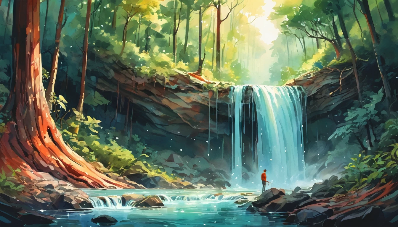 Watercolor Art in a Forest Waterfall by Cyril Rolando, best qualityer, work of art, Representative work, offcial art, proffesional, ultra intricate detailed, 8k