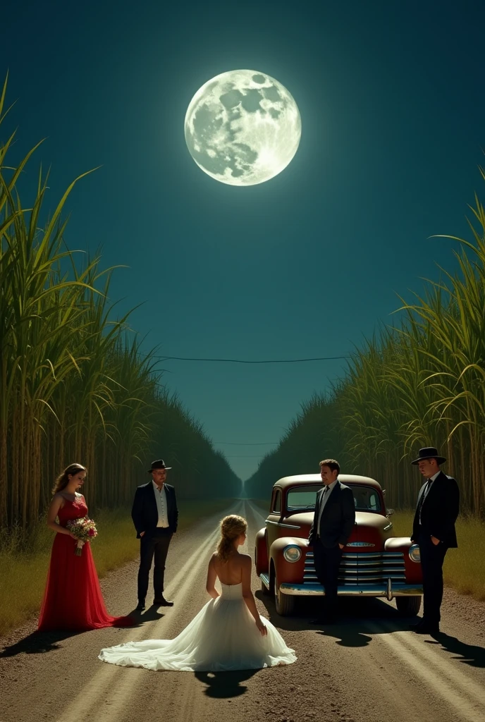 A road, crossroads, surrounded by sugarcane, a woman kneeling in a transparent white dress, a woman in a red dress standing with flowers in her hands, two men in Mormon-style suits and a man in casual clothes leaning against a car, Night with full moon