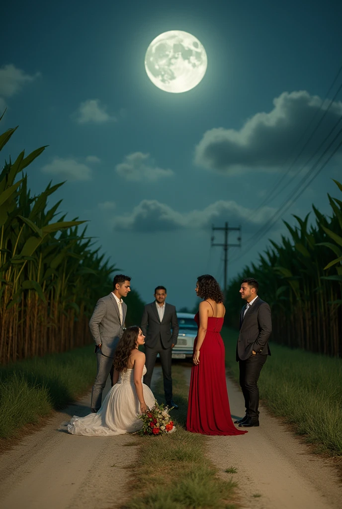 A road, crossroads, surrounded by sugarcane, a woman kneeling in a transparent white dress, a woman in a red dress standing with flowers in her hands, two men in Mormon-style suits and a man in casual clothes leaning against a car, Night with full moon