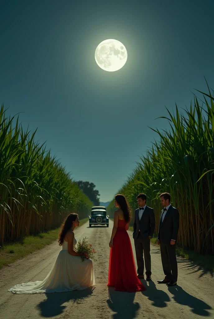 A road, crossroads, surrounded by sugarcane, a woman kneeling in a transparent white dress, a woman in a red dress standing with flowers in her hands, two men in Mormon-style suits and a man in casual clothes leaning against a car, Night with full moon