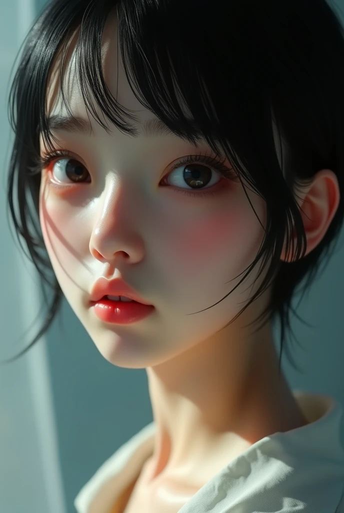 Realistic glowing skin, ,Always look at the camera, ,(sweating:1.2),Black Hair,short hair,Tie your hair short,Silky translucent white skin,best Realistic depiction,(Very detailed美しい顔), Great face and eyes, (Highest quality:1.4), (Very detailedな), (Very detailed CG 統合 8k 壁紙), Very detailed, High resolution raw color photos, Professional photography, Realistic portrait,
 (Detailed RAW photos of the girl&#39;s whole body), Canon EOS R5 250mm, Sharp focus, Cinema Lighting,  (No makeup:1.2), Fine skin, Delicate collarbone,(Ultra-high resolution:1.6), (Realistic:1.6), 