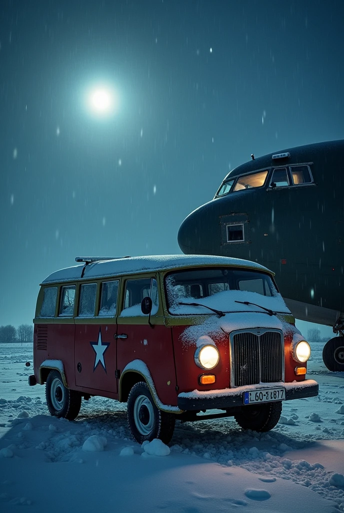 European small van from the 60s, military painting, from the air force, at a snowy, night parked on an air base close to a cargo plane