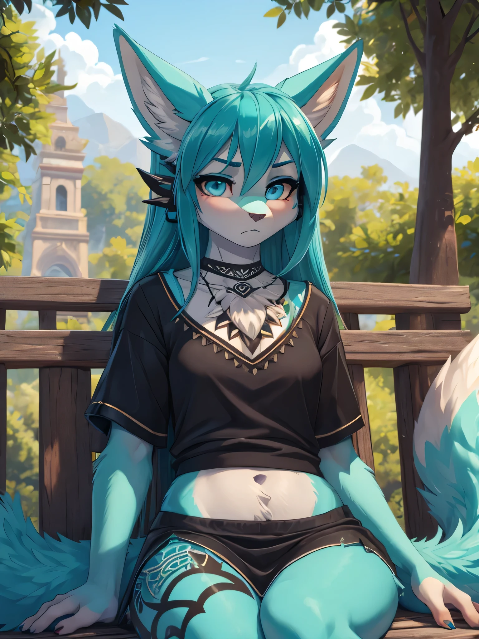 1 girl, Miku Hatsune, add high definition_detail:1, blue fur,kitsune ears, tribal tattoo add_detail:1, frente a un espejo, ropa casual black blouse, licra mini short add_detail:1, mirads perdida, triste y llorando, actitud de ambición, medio dia en el parque, sentads en una banca