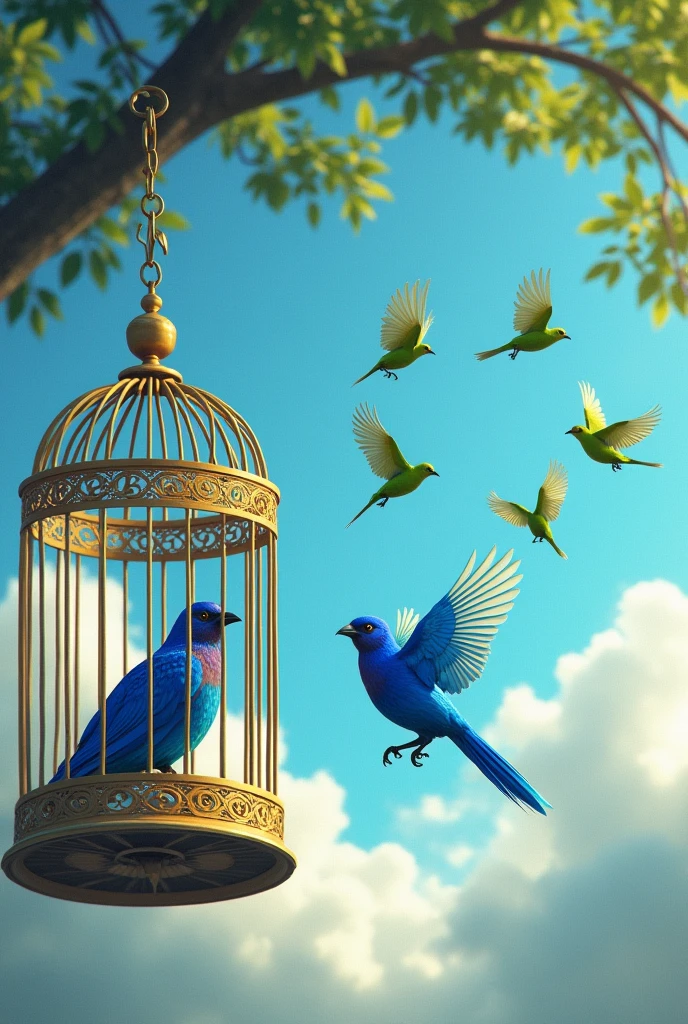 1 blue bird trapped in a cage and 5 green birds flying freely
