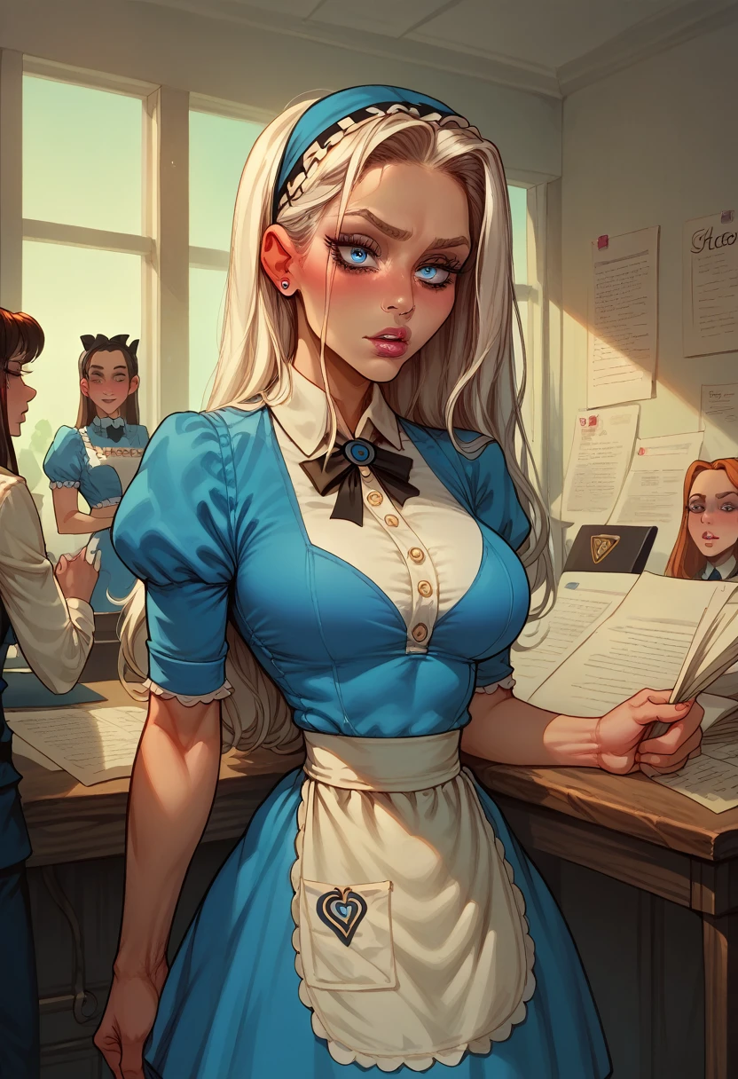 A beautiful girl in a slutty secretary uniform, her toned body on display, in an office setting, the scene having a surreal, dreamlike quality reminiscent of Alice in Wonderland, (best quality, masterpiece, detailed, Alice in wonderland, slutty secretary, teen girl, toned body, slutty uniform, gangbang, office setting)