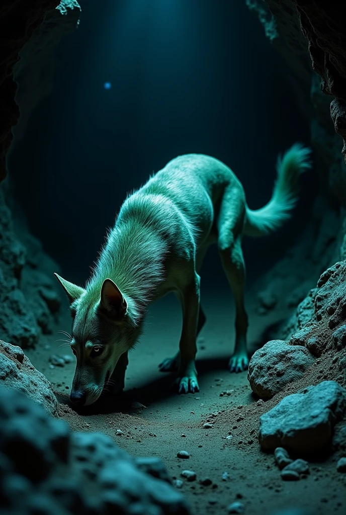 A metallic hybrid dog
with green and grey fur, spots, and a lot of hair sniffing around
And a background of a dark cave with cracked stones and a blue glow coming from them