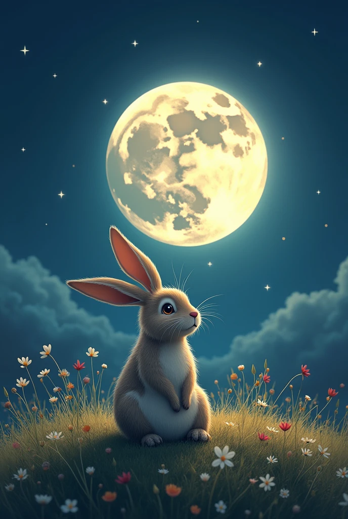 Since then, vizcacha and the Moon felt together every night, and Quilla was very happy. Create an animated image with a single viszcacha for this paragraph that includes the following letters as a title "The vizcacha and the moon"