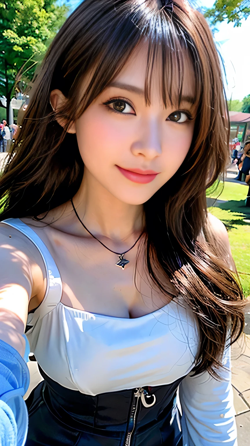 seed;2372725988,((Full Body Angle))、((Front hair:1.3))、((Highest quality, 8k, masterpiece: 1.3)), concentrated: 1.2, Cute 1,Nipples erect、 Perfect beauty: 1.4,Summer off-the-shoulder cropped T-shirt、Letter Print、Shorts: 1.2,Long sleeve、Randall Color、comics&Text Graphics、Black ruffle-trimmed drawstring zip blouse,1.1, Highly detailed face and skin textures, Fine grain, double eyelid, whitening skin, ,Highest quality,Ultra-high resolution,you,1 person,alone,_Shiny_skin,Iris,necklace,((brown_length_Wavy_hair)),(lips)),eyelash,Front hair,deal with,compensate,Shiny,pore,skin,Large Breasts、((smiling face))、Walking in the park、Selfie、((close-up))