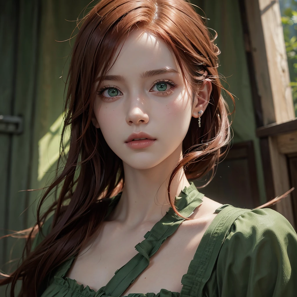 A beautiful redheaded girl, attack on titan inspired character, detailed face, delicate features, piercing green eyes, digital painting, photorealistic, 8k, ultra-detailed, masterpiece