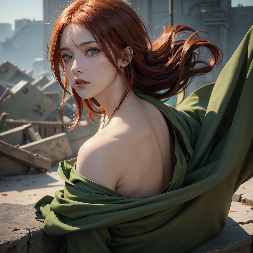 A beautiful redheaded girl, attack on titan inspired character, detailed face, delicate features, piercing green eyes, digital painting, photorealistic, 8k, ultra-detailed, masterpiece