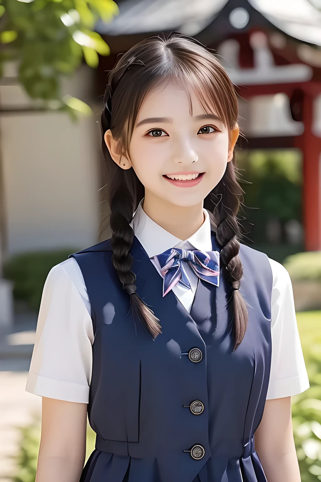 (highest quality, masterpiece, high resolution:1.2), 4K, (Photo quality detailed face: 1.2), (Giorgione painting style: 0.8), geometry, (14 yo cute girly Japanese girl with very graceful cute smiling face: 1.5), Laughing cutely, (neat girly white short-sleeves school blouse: 1.0), (puffed short sleeves: 1.0), (Dark red glossy school ribbon on the breast: 1.0), (Gray Japanese school girly vest Uniform: 1.2), (Extremely laughing cheeks: 1.0), (Beautiful light-amber cute-dolly large clear eyes with detailed cutely: 1.4), (Long bottom eyelashes: 1.2), (Expressing the greatest joy with her whole body: 1.2), (Glossy lips: 1.0), (braids under her ears: 1.3), (cute earrings), (kidnapping me into the heaven as a goddess: 1.6), (white and clear skin: 1.0), (Laughing **** cute princess's eyes: 0.6), (Placing her beautiful white hands together like praying: 0.9)