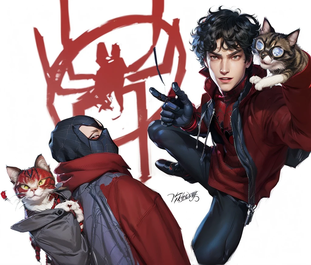 Spider-Man and Catwoman by the Cat-Man, spider - verse art style, Miles Morales!!!, Detailed fanart, in the spider verse, Miles Morales, high quality fanart, spider universe, into the spider universe, jazza e rossdraws, Persona 5 inspired, highly detailed exquisite fanart, peter parker, jett from valorant, persona 5 style, red hoods