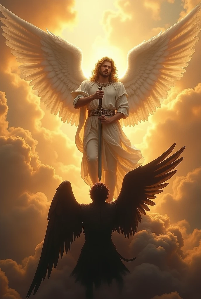 Archangel Michael defeating Lucifer in heaven, Lucifer is lying face down, Michael has his sword pointed at Lucifer and his foot on his head, Michael with white wings and Lucifer with black wings.