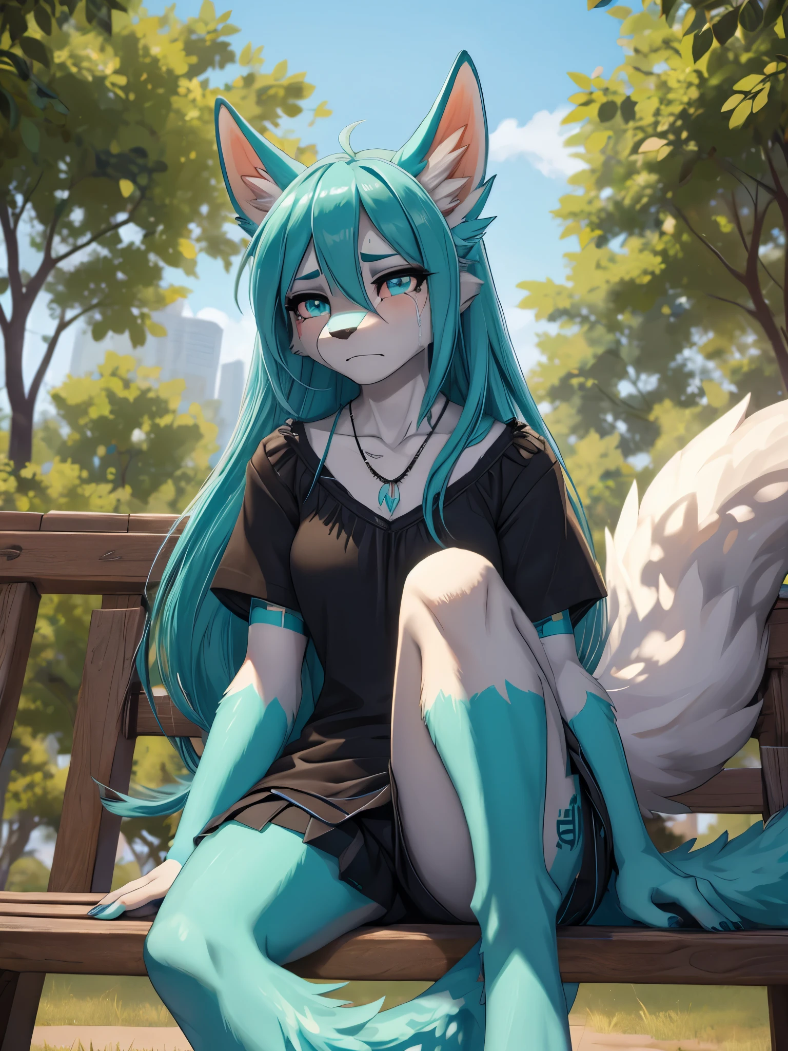 1 girl, Miku Hatsune, add high definition_detail:1, blue fur,kitsune ears, tribal tattoo add_detail:1, frente a un espejo, ropa casual  black blouse, licra mini short add_detail:1, mirads perdida, triste y llorando, actitud de ambición, medio dia en el parque, sentads en una banca, crying girl