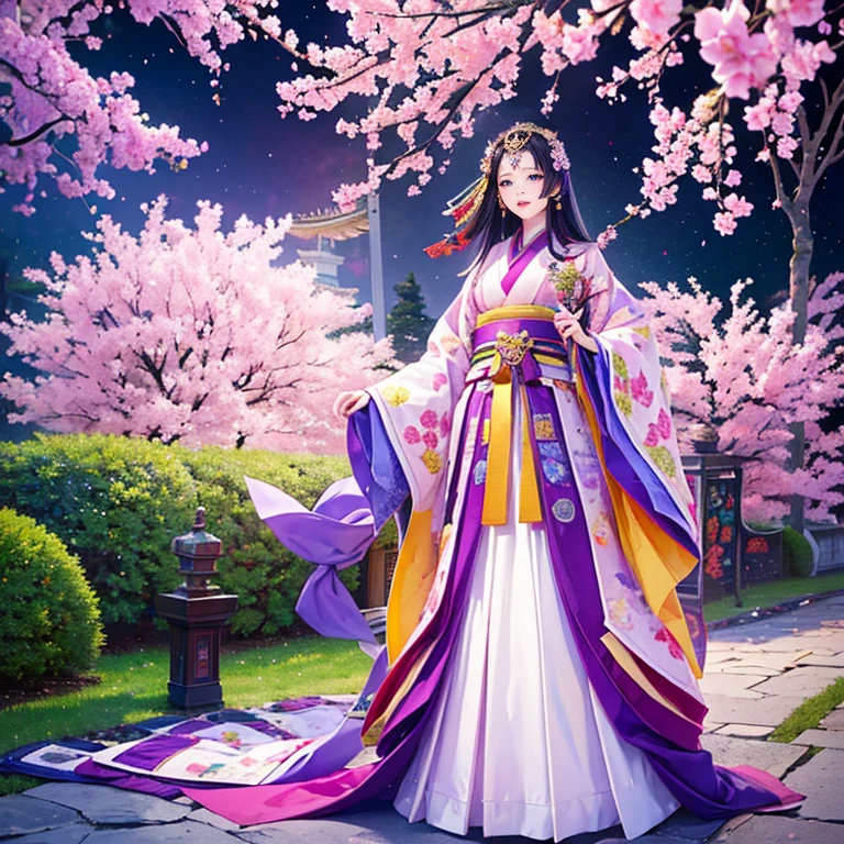 ( High resolution、 Super detailed、masterpiece、Highest quality、8k)、Heian period in Japan、(NHK Taiga Drama、To the Shining One)、Fujiwara Akiko、palace、The Empress of the Palace、Young beautiful woman、Beautiful Face、Beautiful Face、Pretty lips、(12 single coats、Light pink、Light purple、yellow、green、blue、red、White color、Colorful overlapping)、(Full Body Shot)、Long black hair、Jewel Ornament、background、garden、Colorful flowers、Vibrant colors、Detailed Anime、Detailed CG、