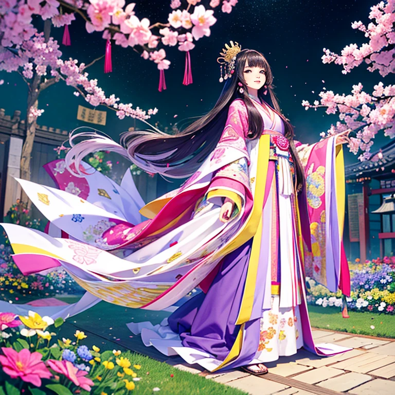 ( High resolution、 Super detailed、masterpiece、Highest quality、8k)、Heian period in Japan、(NHK Taiga Drama、To the Shining One)、Fujiwara Akiko、palace、The Empress of the Palace、Young beautiful woman、Beautiful Face、Beautiful Face、Pretty lips、(12 single coats、Light pink、Light purple、yellow、green、blue、red、White color、Colorful overlapping)、(Full Body Shot)、Long black hair、Jewel Ornament、background、garden、Colorful flowers、Vibrant colors、Detailed Anime、Detailed CG、