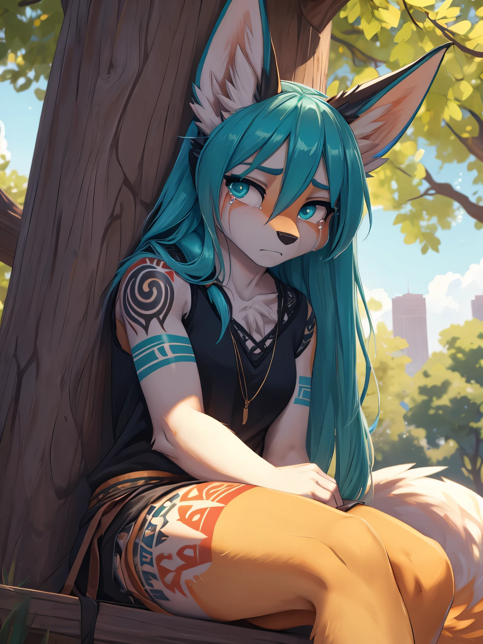 1 girl, Miku Hatsune, add high definition_detail:1, blue fur,kitsune ears, tribal tattoo add_detail:1, frente a un espejo, ropa casual  black blouse, licra mini short add_detail:1, mirads perdida, triste y llorando, actitud de ambición, medio dia en el parque, sentads en una banca, crying girl