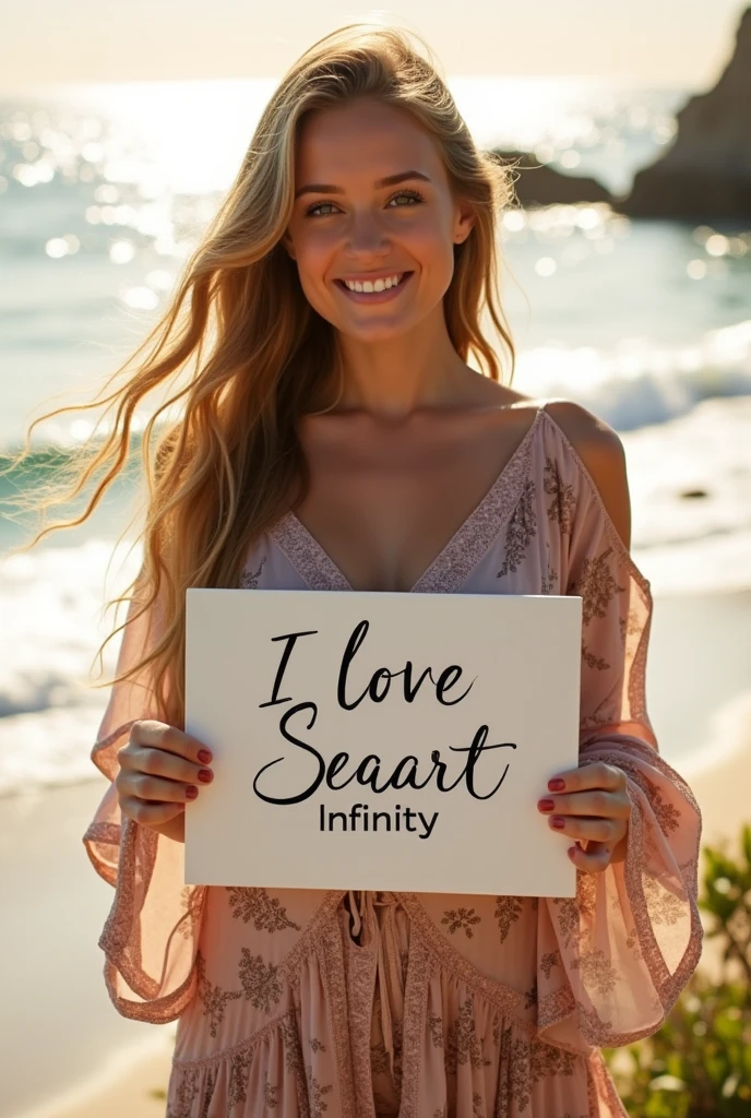 Beautiful girl with wavy long hair, bohemian dress, holding a white board with text "I Love Seaart Infinity" and showing it to the viewer