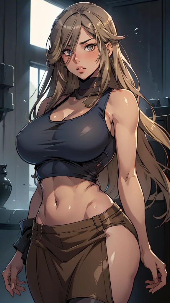 A unique illustrated character with a manga style, featuring long, straight hair in a blend of gray and light brown tones. Her large, expressive eyes are a striking blue, while her nose and plump lips add to her charm. She is wearing a navy tank top that accentuates her figure, giving her a confident and alluring presence.