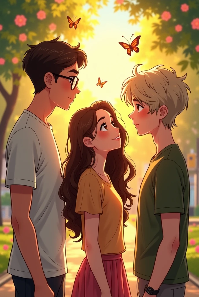 A love triangle, of two guys, one with glasses and tall the other shorter with slightly light and wavy hair and a shorter girl with brown hair, in the middle of the two