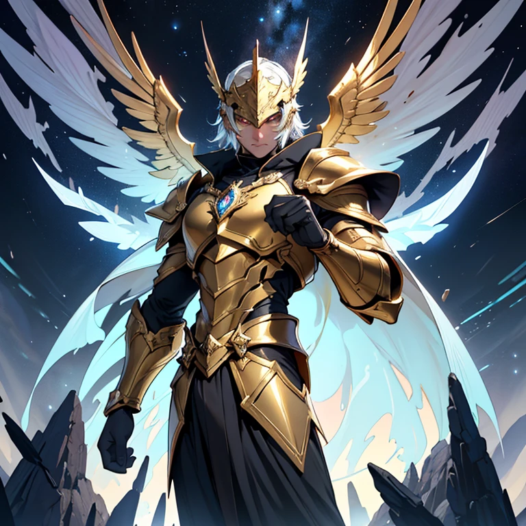 The image presents a golden knight in highly detailed armor, inspired by the Knights of the Zodiac, particularly the Sagittarius armor from the Omega series. The figure, a male or someone of masculine gender, is positioned facing the screen, ensuring a clear and focused view of all the intricate details, with a special emphasis on the shoulder pads.
The pauldrons are large, curving outward and upward, resembling the wings of a bird, a key feature of the Sagittarius armor. These shoulder pads have a smooth, polished golden finish, with angular lines that suggest both strength and elegance. The design of the pauldrons is unique, extending slightly beyond the shoulders in a wing-like formation, giving the knight a regal and majestic appearance, reminiscent of celestial wings.
The helmet is aerodynamic with a central crest that projects upwards, adding to the commanding presence of the knight. The visor glows softly with a blue light, integrating a high-tech, futuristic touch to the overall design. The chest piece consists of segmented golden plates arranged in a symmetrical pattern, providing both protection and an air of nobility. In the center of the chest, a gem or crystal emits a soft, mystical glow.
The arms are protected by articulated golden plates, with the gauntlets being robust yet refined, blending the futuristic elements with the classic style of the Zodiac armors. The legs are similarly armored, with segmented plates covering the thighs, knees, and shins, ending in angular boots that convey a powerful and grounded stance.
The background of the image is set against a dark cosmic scene, with rocky terrain illuminated by distant stars and nebulae. The golden armor gleams brightly against this backdrop, emphasizing its divine and powerful nature. Dynamic lighting highlights the polished surfaces, especially the wing-like shoulder pads and the glowing central gem, reinforcing the knight's mystical and imposing aura.