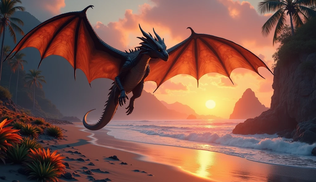 A hyper-realistic, cinematic scene of a majestic black medieval dragon with medieval armor, flying with powerful wing strokes over a mystical forest. Its gleaming, intricately detailed scales reflect the deep orange and pink hues of the sunset. Surrounded by a dense, lush exotic forest with subtle bioluminescent plants softly glowing. The sunset casts a warm, diffused golden light over the landscape, contrasting with the cool tones of the forest. Captured with a Nikon D850 in a wide-angle shot, using a Nikon AF-S NIKKOR 14-24mm f/2.8G ED lens, the scene features a low-angle shot with a slight tilt, emphasizing the grandeur of the dragon soaring in the sky. The scene is photographed at f/8 for a deep depth of field, ensuring sharp focus from the dragon in the sky to the detailed texture of the sand and the forest. The lighting is soft and golden, creating long shadows and enhancing the epic scale of the scene. The composition follows the Rule of Thirds and uses Leading Lines, with depth conveyed through the layered elements in the foreground, midground, and background. The dragon’s shadow interacts with the beach and waves, adding a realistic connection between the subject and the environment, while the subtle glow from the forest enhances the magical atmosphere.