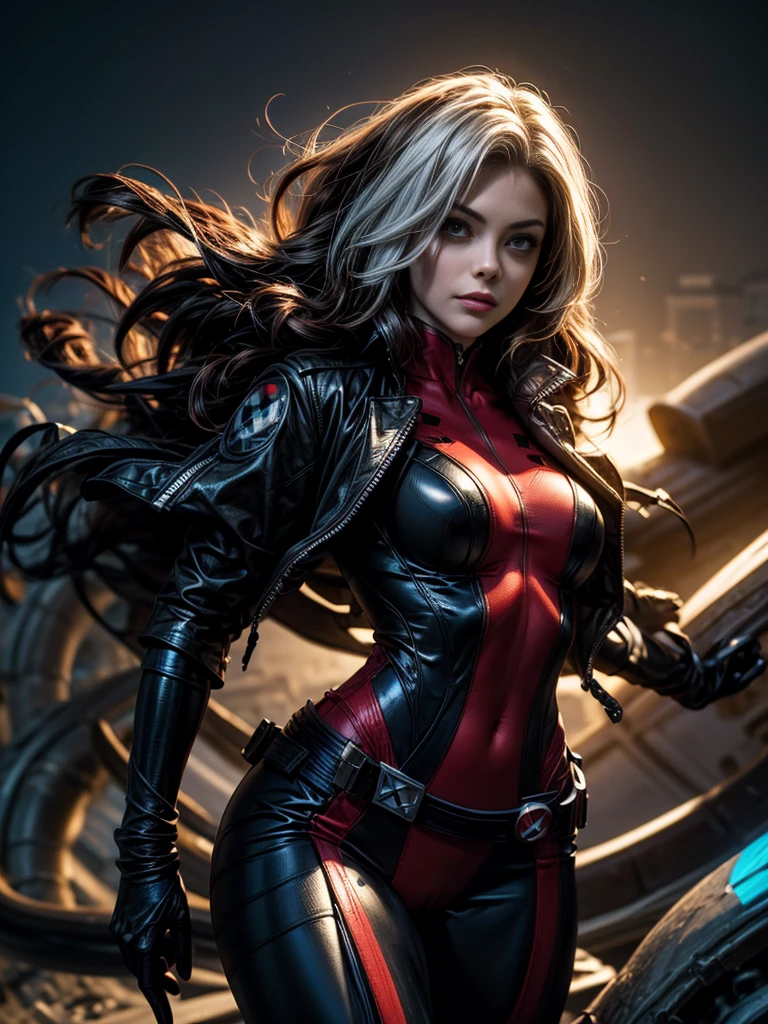 Kristin Kreuk、masterpiece、High quality 4K、villain (X-Men)、Gothic Girl、Sculpted Body Gothic Makeup、Black jacket、Red and blue bodysuit、masterpiece、Highest quality、Cowboy Shots、One personの、One person、Technology Military Bodysuit、fringe