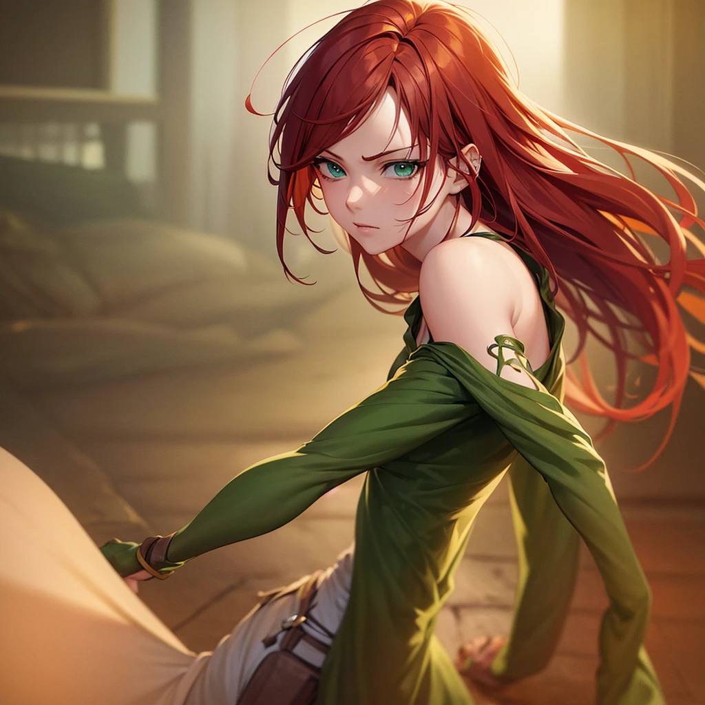 A beautiful redheaded girl, attack on titan inspired character, detailed face, delicate features, piercing green eyes, digital painting, photorealistic, 8k, ultra-detailed, masterpiece