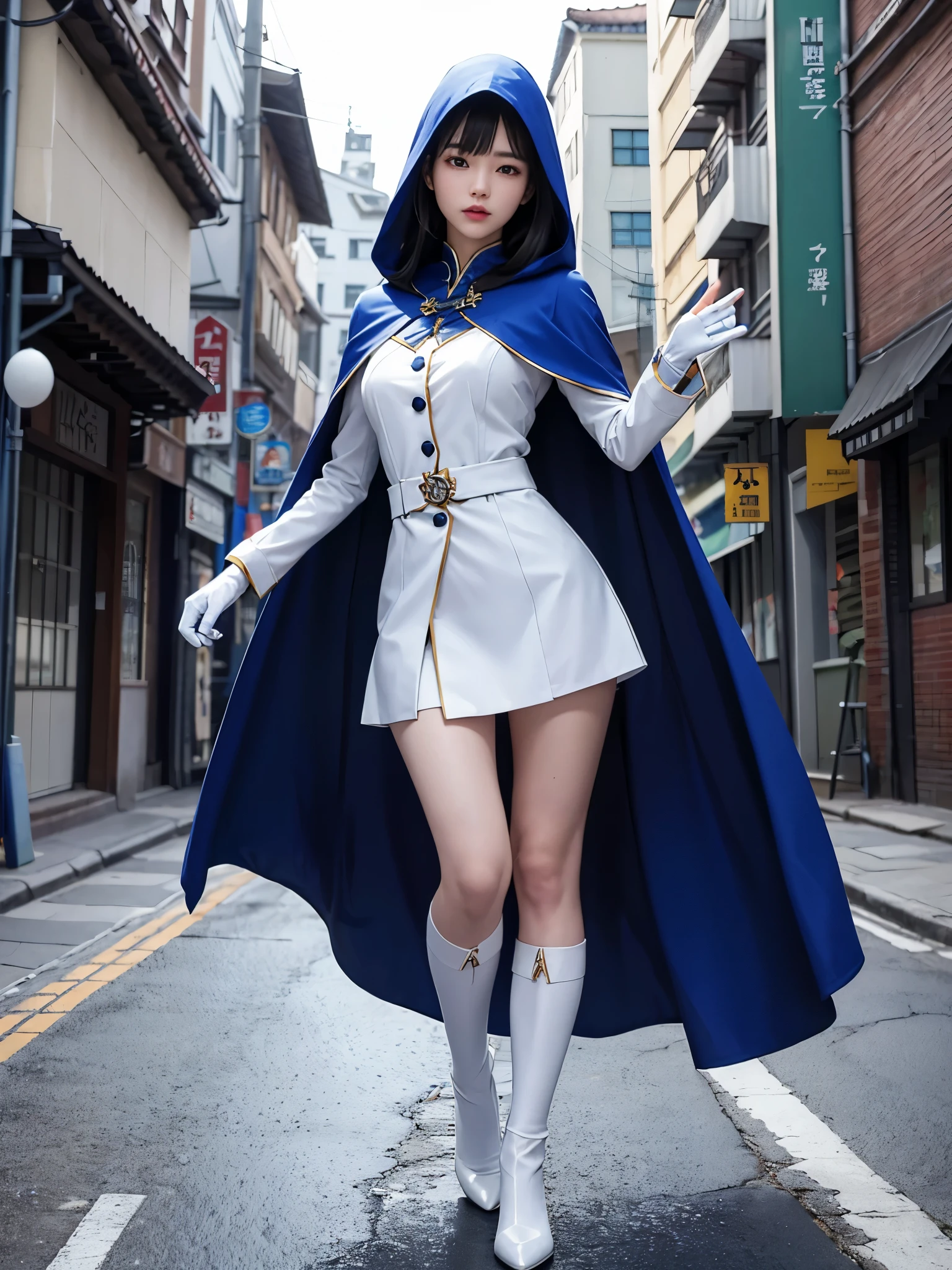 South korea women mystery hooded on with modern royal Blue coat with buttons and royal Blue cape and very high white heel over the knee and white gloves, As she reveals a small secret hidden blade, adding to the characters mysterious, with small movements of air on the cape, in summer at night under the rain, with buildings featuring curved eaves and detailed architecture. sophisticated and highly detailed, ultra hd, realistic, hyper detailed, enhanced colours, ultra sharp focus, with vibrant, rich in details High quality, gorgeous, captivating, 8k, super detailed, stunning shadows, detailed lines, blood stain on clothes and walls, corpses in the street recently murdered