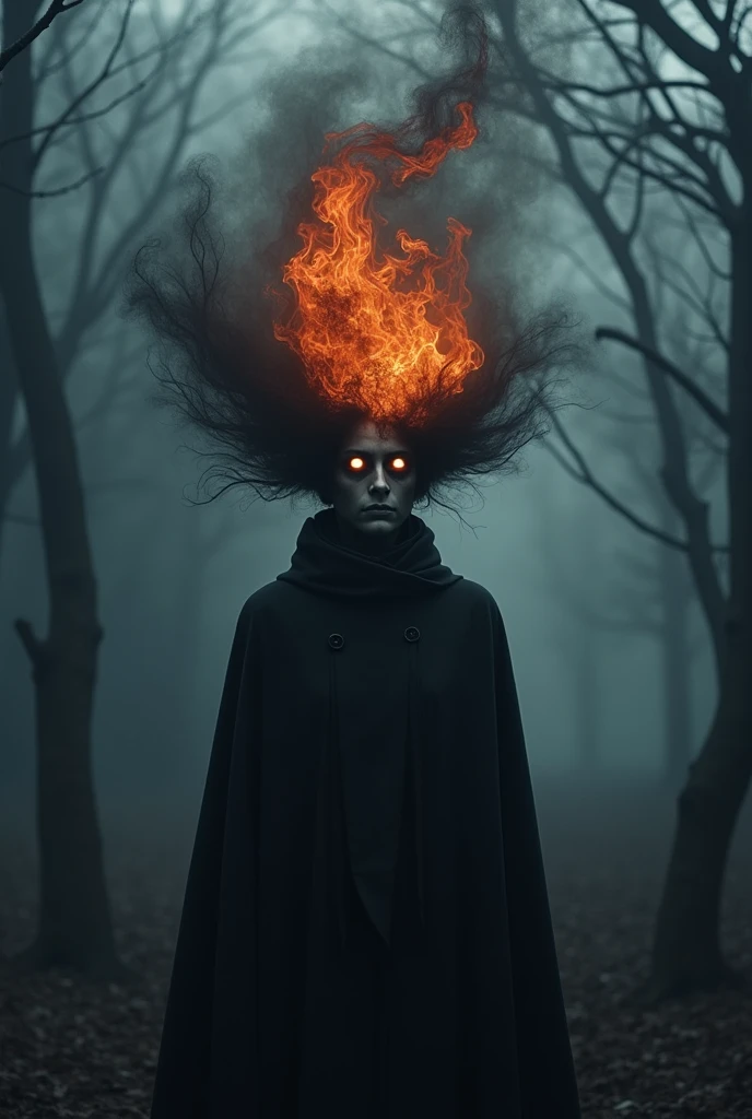  a black flame in place of a head and eyes without pupils 