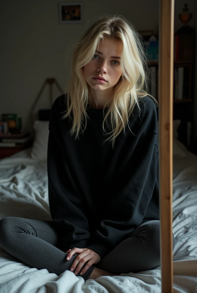 Realistic photo of a selfie in front of a mirror sitting in a bed of a blonde model, 19 years old. She is depressed. She wears dark clothes. She is seen in profile.