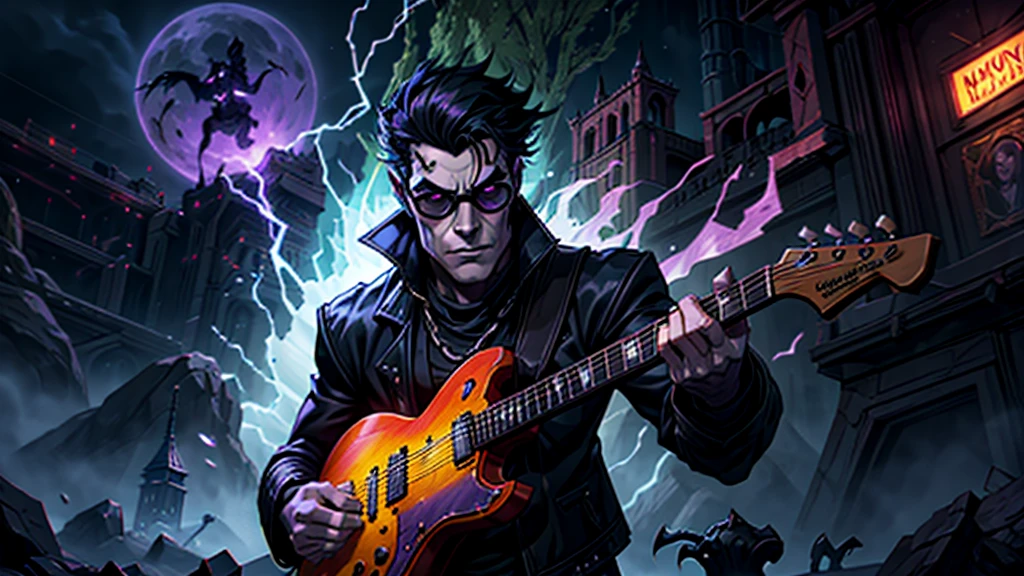 Create a surreal and haunting high fantasy image of a Frankenstein green monster using dark glasses in a rockstar jacket, "Kaelin Darkshadow", playing a flaming guitar while battling a horde of demonic creatures in a mystical, neon-lit arena. called 'Lunar Fang', is a legendary musician who sold his soul to the devil for unparalleled musical prowess. His music has the power to summon spirits and his guitar solos can shatter the very fabric of reality. background castle in fire purple