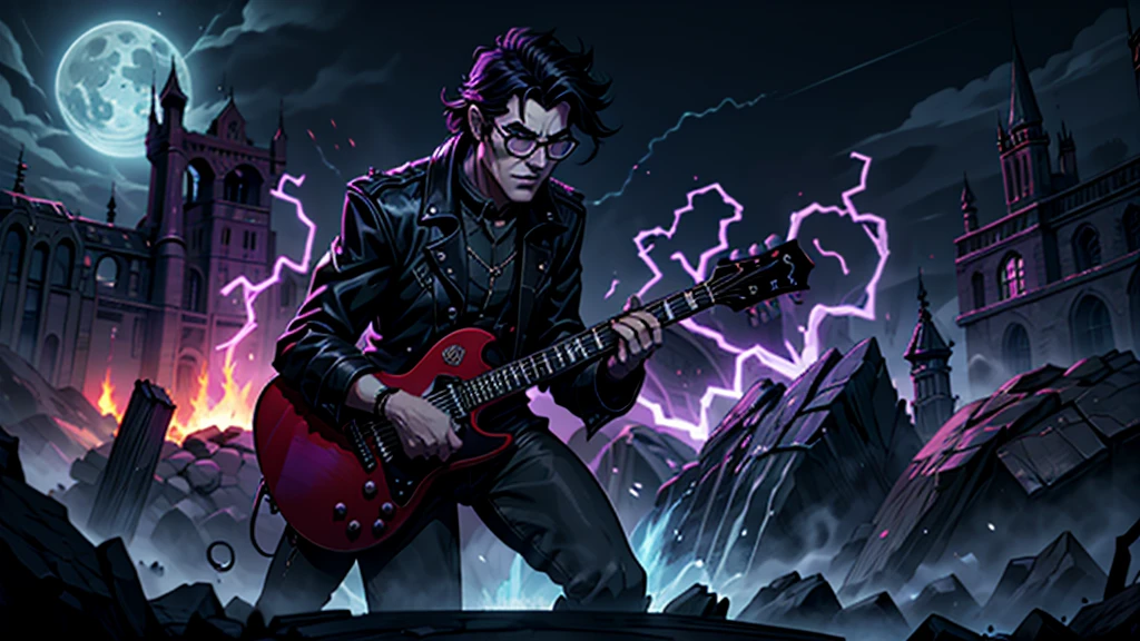 Create a surreal and haunting high fantasy image of a Frankenstein green monster using dark glasses in a rockstar jacket, "Kaelin Darkshadow", playing a flaming guitar while battling a horde of demonic creatures in a mystical, neon-lit arena. called 'Lunar Fang', is a legendary musician who sold his soul to the devil for unparalleled musical prowess. His music has the power to summon spirits and his guitar solos can shatter the very fabric of reality. background castle in fire purple