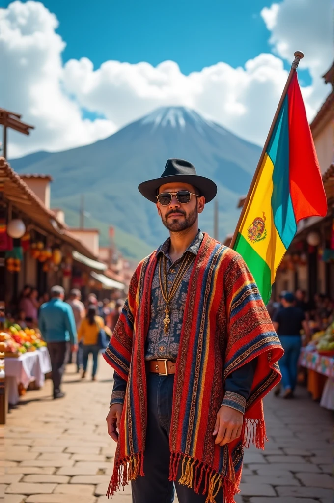  Image of a man in a town with the Bolivian flag 
