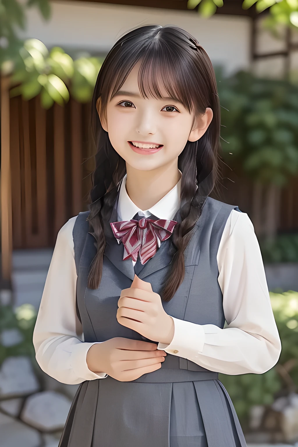 (highest quality, masterpiece, high resolution:1.2), 4K, (Photo quality detailed face: 1.2), (Giorgione painting style: 0.8), geometry, (14 yo cute girly Japanese girl with very graceful cute smiling face: 1.5), Laughing cutely, (neat girly white short-sleeves school blouse: 1.0), (puffed short sleeves: 1.0), (Dark red glossy school ribbon on the breast: 1.0), (Gray Japanese school girly vest Uniform: 1.2), (Extremely laughing cheeks: 1.0), (Beautiful light-amber cute-dolly large clear eyes with detailed cutely: 1.4), (Long bottom eyelashes: 1.2), (Expressing the greatest joy with her whole body: 1.2), (Glossy lips: 1.0), (braids under her ears: 1.3), (cute earrings), (kidnapping me into the heaven as a goddess: 1.6), (white and clear skin: 1.0), (Laughing 14yo cute princess's eyes: 0.6), (Placing her beautiful white hands together like praying: 0.9)