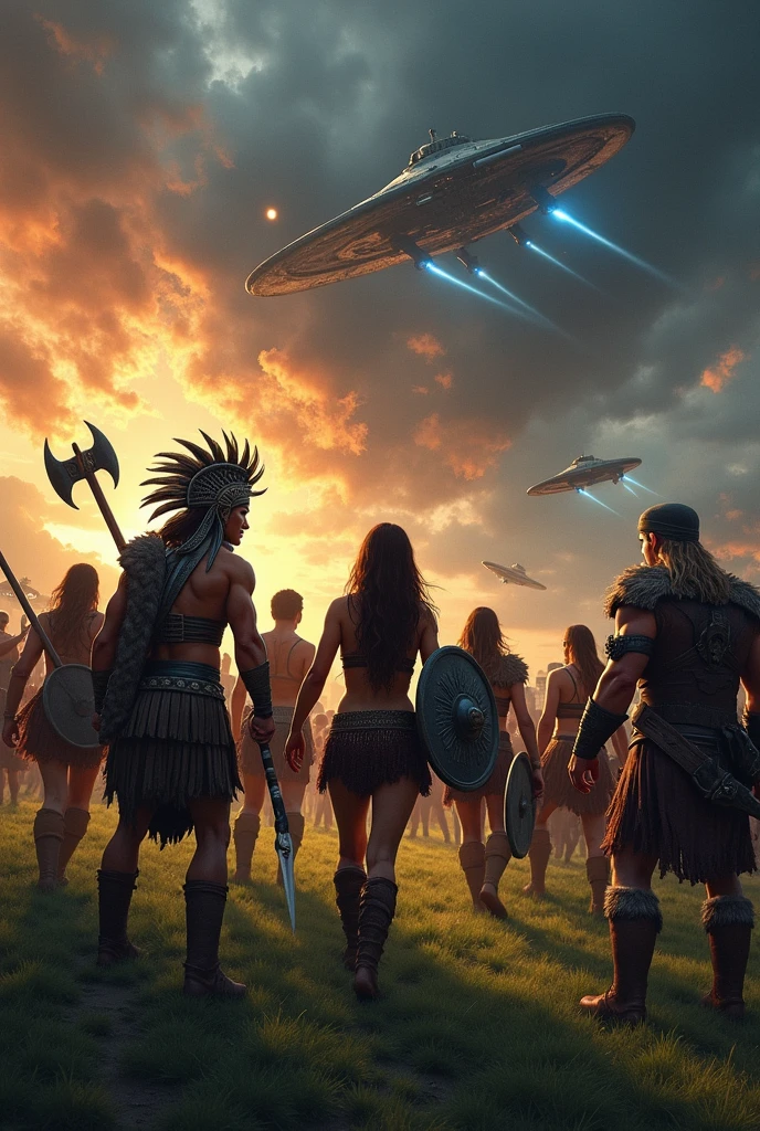 Aztec warriors, amazons, Vikings, fighting together in an epic war against space invaders, who want the natural resources of planet Earth 