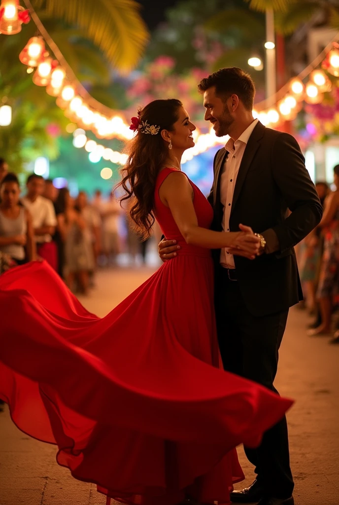 A Brazilian woman in a red dress dancing with her husband in a black suit 