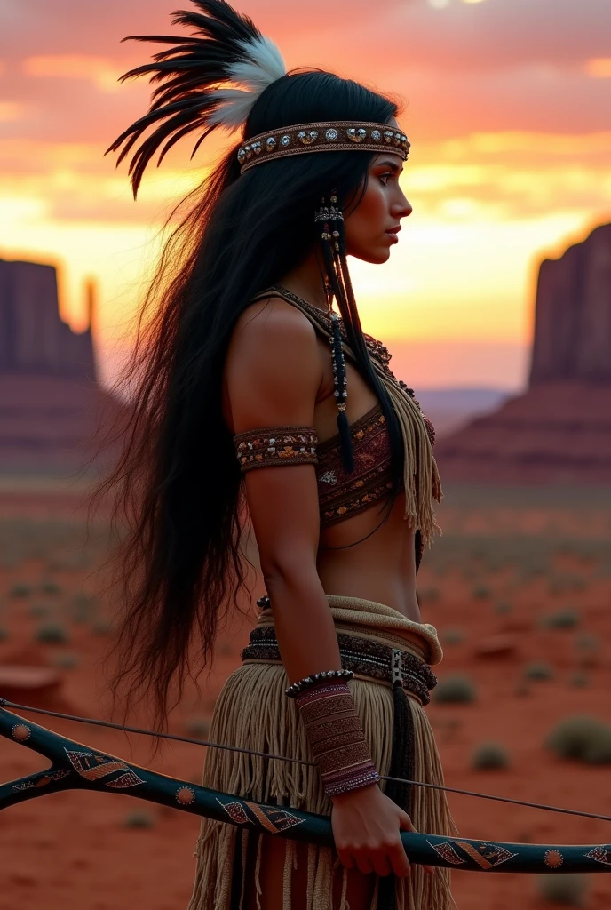 A beautiful warrior woman from the indigenous American Navajo tribe facing left 