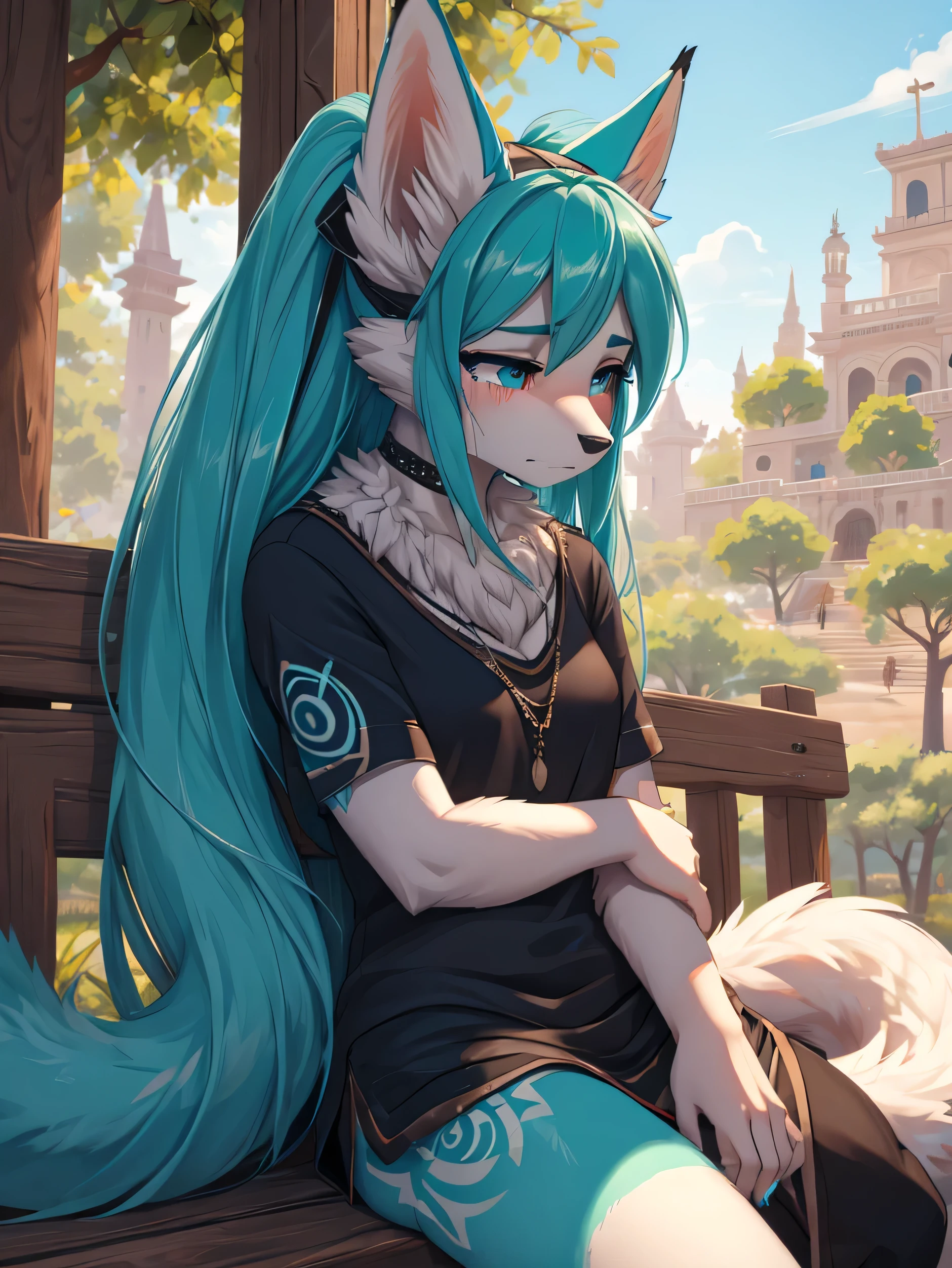 1 girl, Miku Hatsune, add high definition_detail:1, blue fur,kitsune ears, tribal tattoo add_detail:1, frente a un espejo, ropa casual  black blouse, licra mini short add_detail:1, mirads perdida, triste y llorando, actitud de ambición, medio dia en el parque, sentads en una banca, crying girl