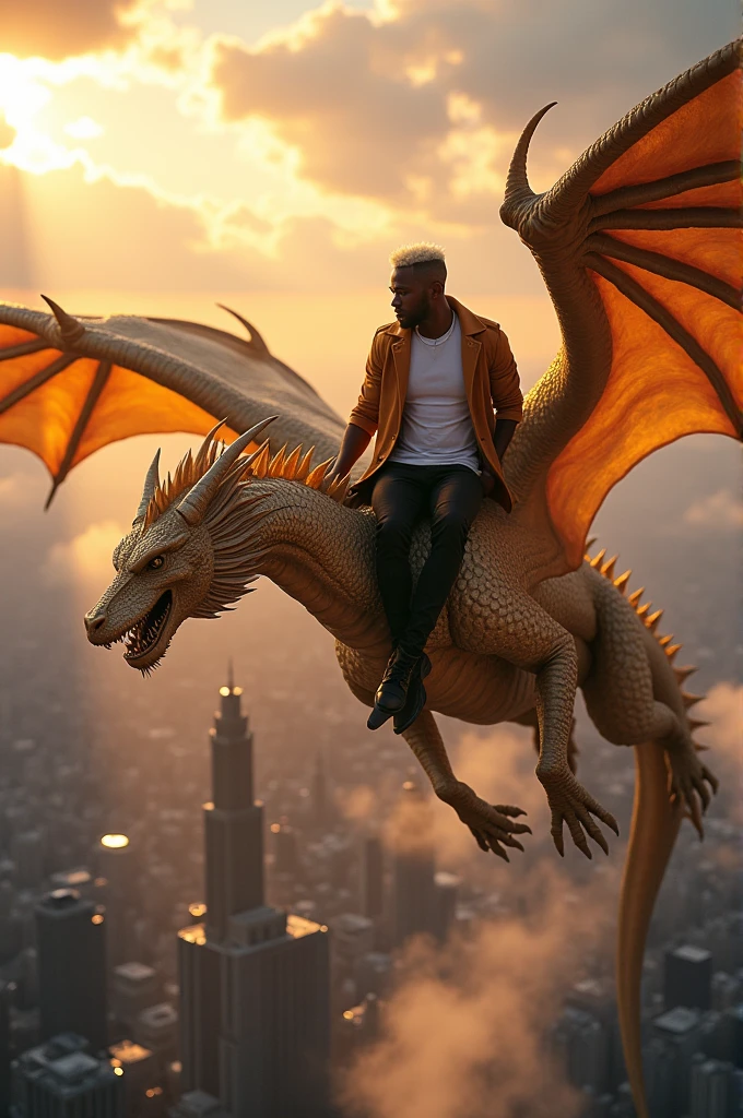 Black man with platinum hair on top of golden dragon flying over city