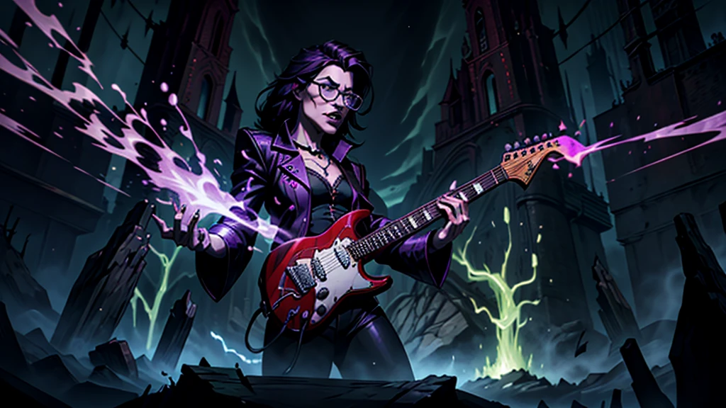 Create a surreal and haunting high fantasy image of a Frankenstein green monster using dark glasses in a rockstar jacket, "Kaelin Darkshadow", playing a flaming guitar while battling a horde of demonic creatures in a mystical, neon-lit arena. called 'Lunar Fang', is a legendary musician who sold his soul to the devil for unparalleled musical prowess. His music has the power to summon spirits and his guitar solos can shatter the very fabric of reality. background castle in fire purple