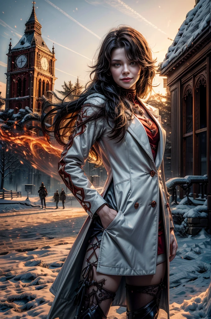 (masterpiece, best quality:1.2), cowboy shot, solo, 1girl, cinder fall, evil smile,holding flames, looking at viewer, long hair, white suit, red shirt, tie, standing outside huge gothic building, snow, trees, (volumetric lighting), sharp focus, hyper detailed