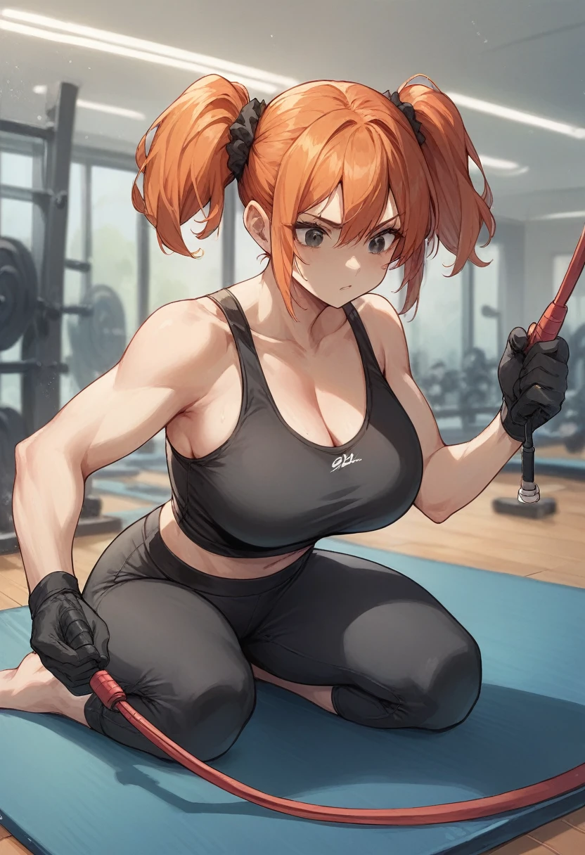 ((jump rope)), twintails, ginger hair, short hair, black eyes, large breasts, black gloves, black tank top, black yoga pants, black scrunchie, indoors, gym, tiled blue floor,