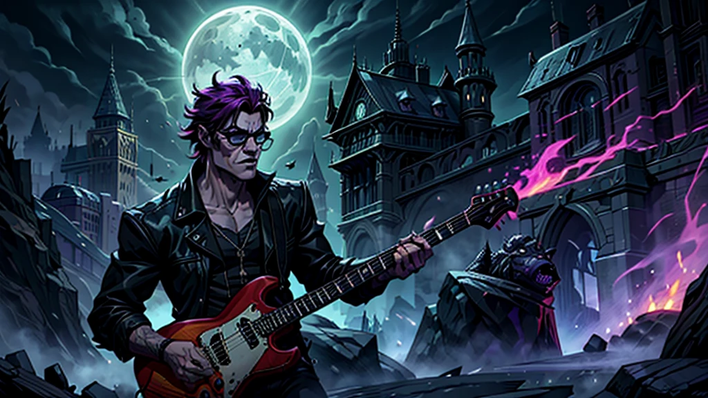 Create a surreal and haunting high fantasy image of a Frankenstein green monster using dark glasses in a rockstar jacket, "Kaelin Darkshadow", playing a flaming guitar while battling a horde of demonic creatures in a mystical, neon-lit arena. called 'Lunar Fang', is a legendary musician who sold his soul to the devil for unparalleled musical prowess. His music has the power to summon spirits and his guitar solos can shatter the very fabric of reality. background castle in fire purple