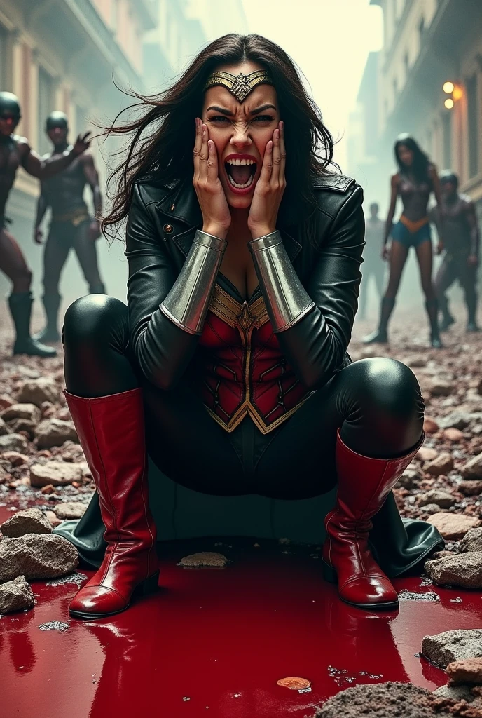 Wonder Woman kneeling with her hands on her face screaming exhausted after a battle blood around her black leather jacket red corset and black leather pants red boots reflection of her in the blood terrifying and bloody images Dc universe logo