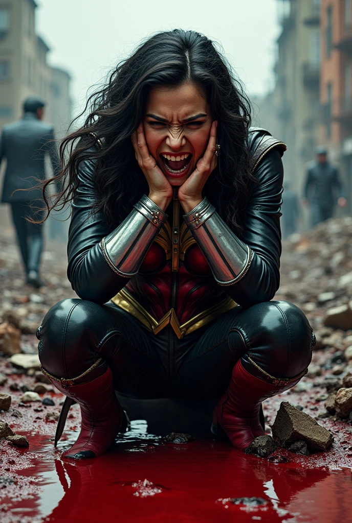 Wonder Woman kneeling with her hands on her face screaming exhausted after a battle blood around her black leather jacket red corset and black leather pants red boots reflection of her in the blood terrifying and bloody images Dc universe logo