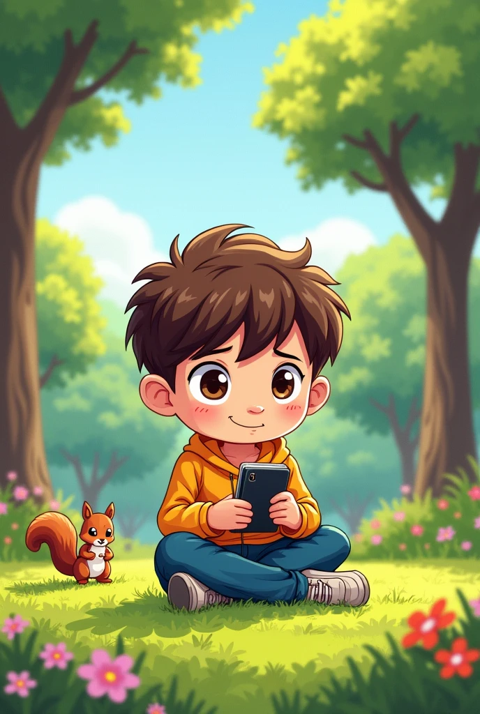 A chibi cartoon of a age boy reading on his phone while sitting in a park.