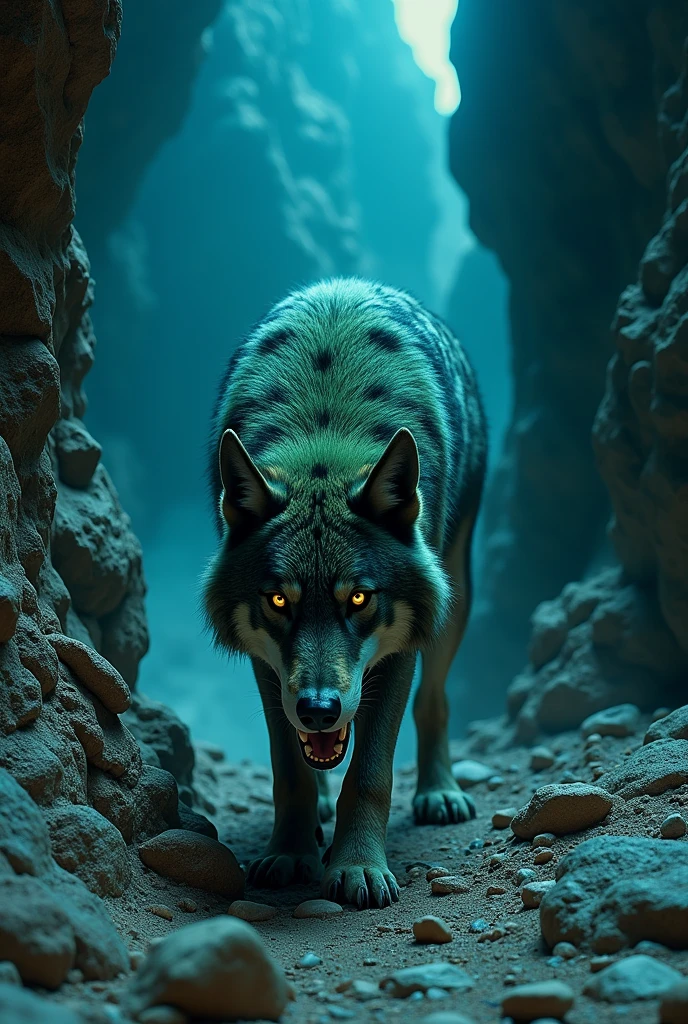 A metallic hybrid wolf with large fangs, green and gray in color with spots and a lot of fur, sniffing around. And a background of a large and dark cave with cracked stones and a bright blue flash. 